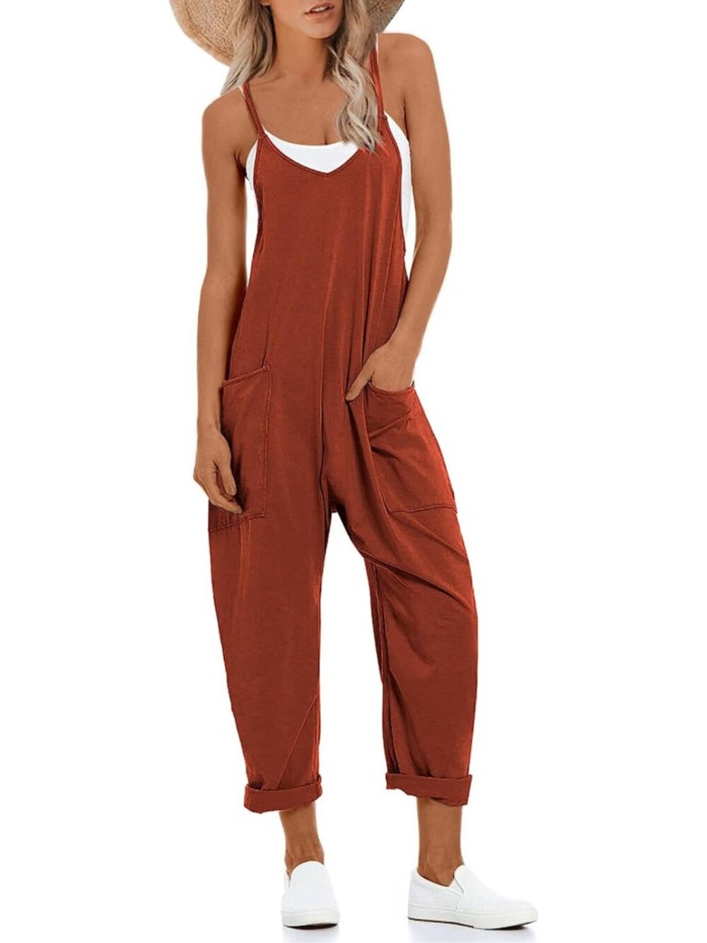 Stylish Women's V-Neck Sleeveless Jumpsuit | Stretchy Harem Romper with Pockets